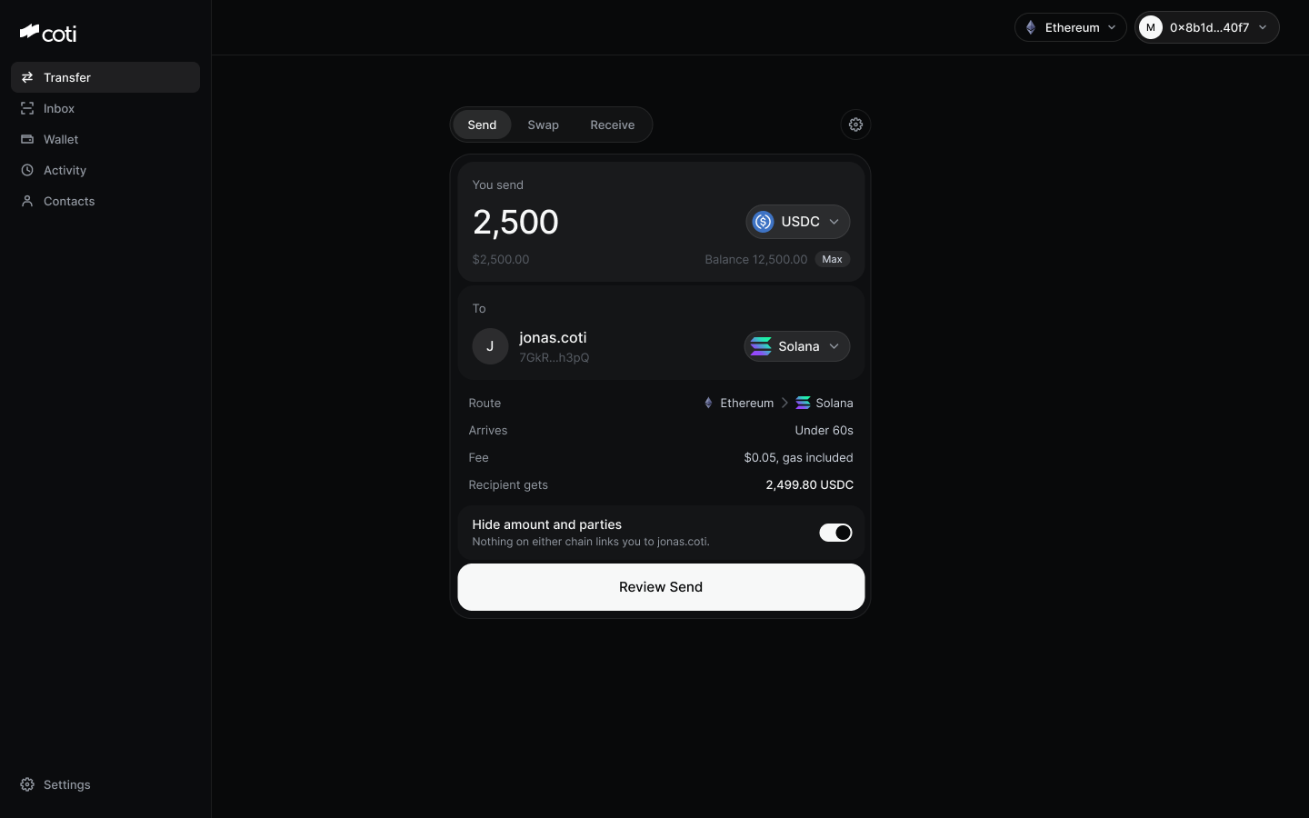 Interphase send screen with a private transfer from Ethereum to Solana