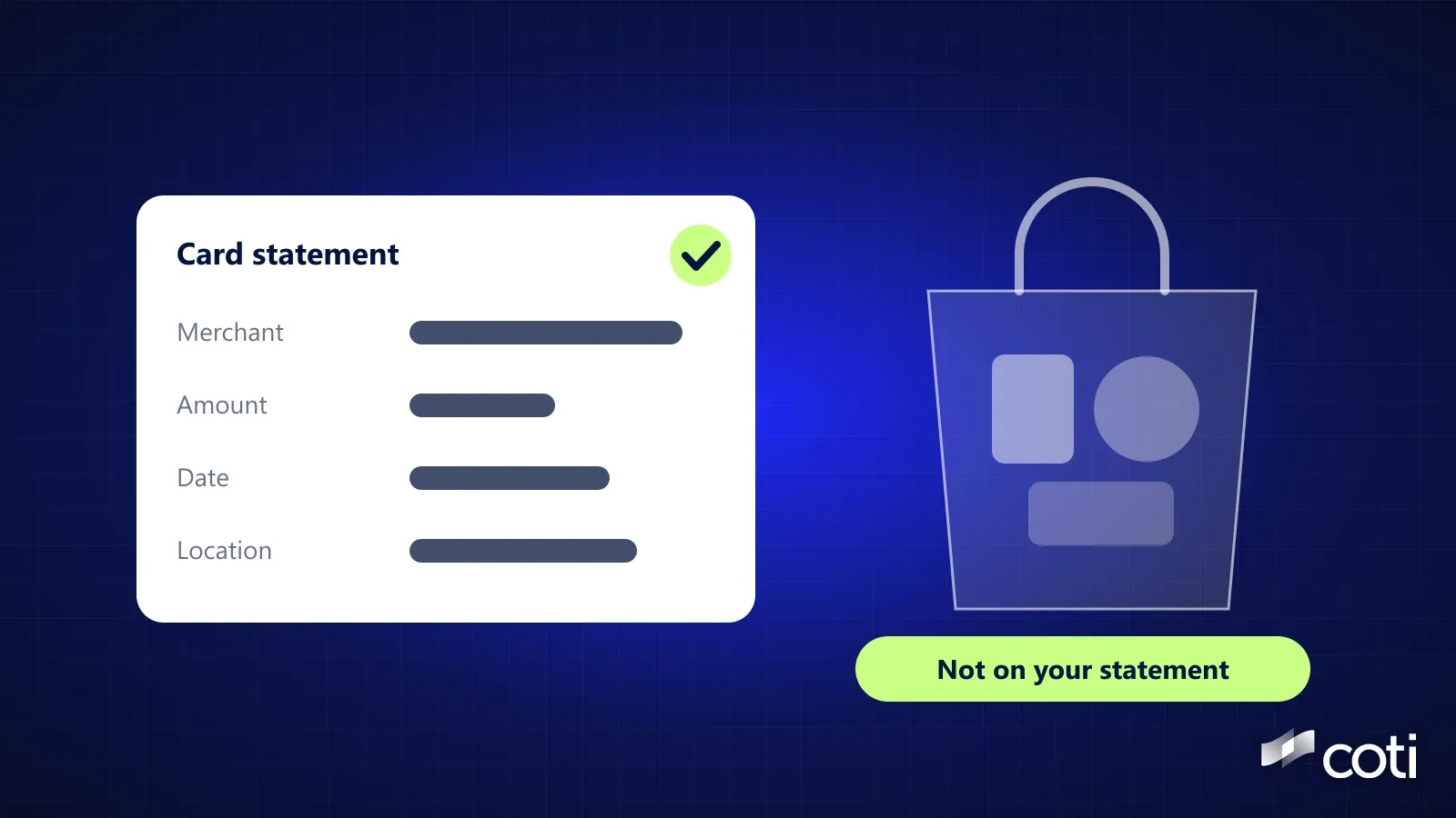 Illustration on a dark blue grid: a white card titled Card statement listing Merchant, Amount, Date and Location with a lime tick, next to a translucent shopping bag of items above a lime lab