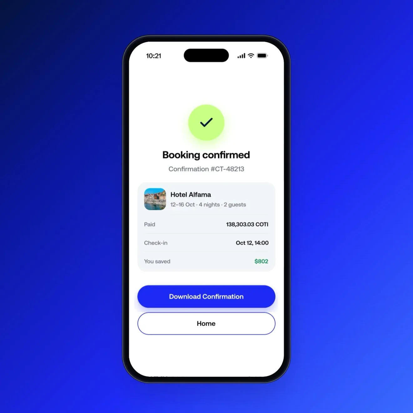 Preview of the COTI app home screen