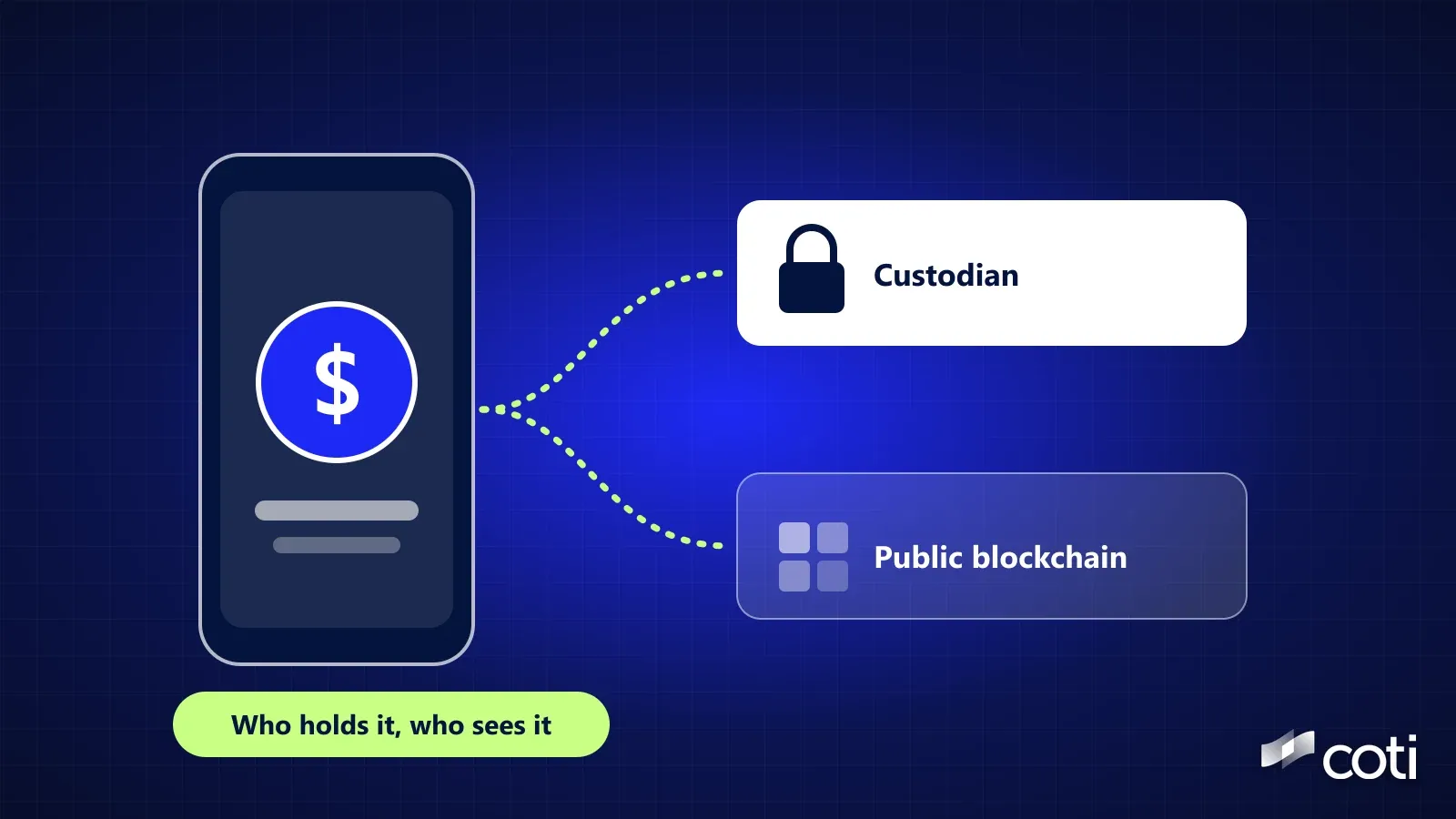 Illustration on a dark blue grid: a generic phone showing a wallet screen with a generic dollar coin, dotted lines to two panels labelled Custodian and Public blockchain, and a lime label rea