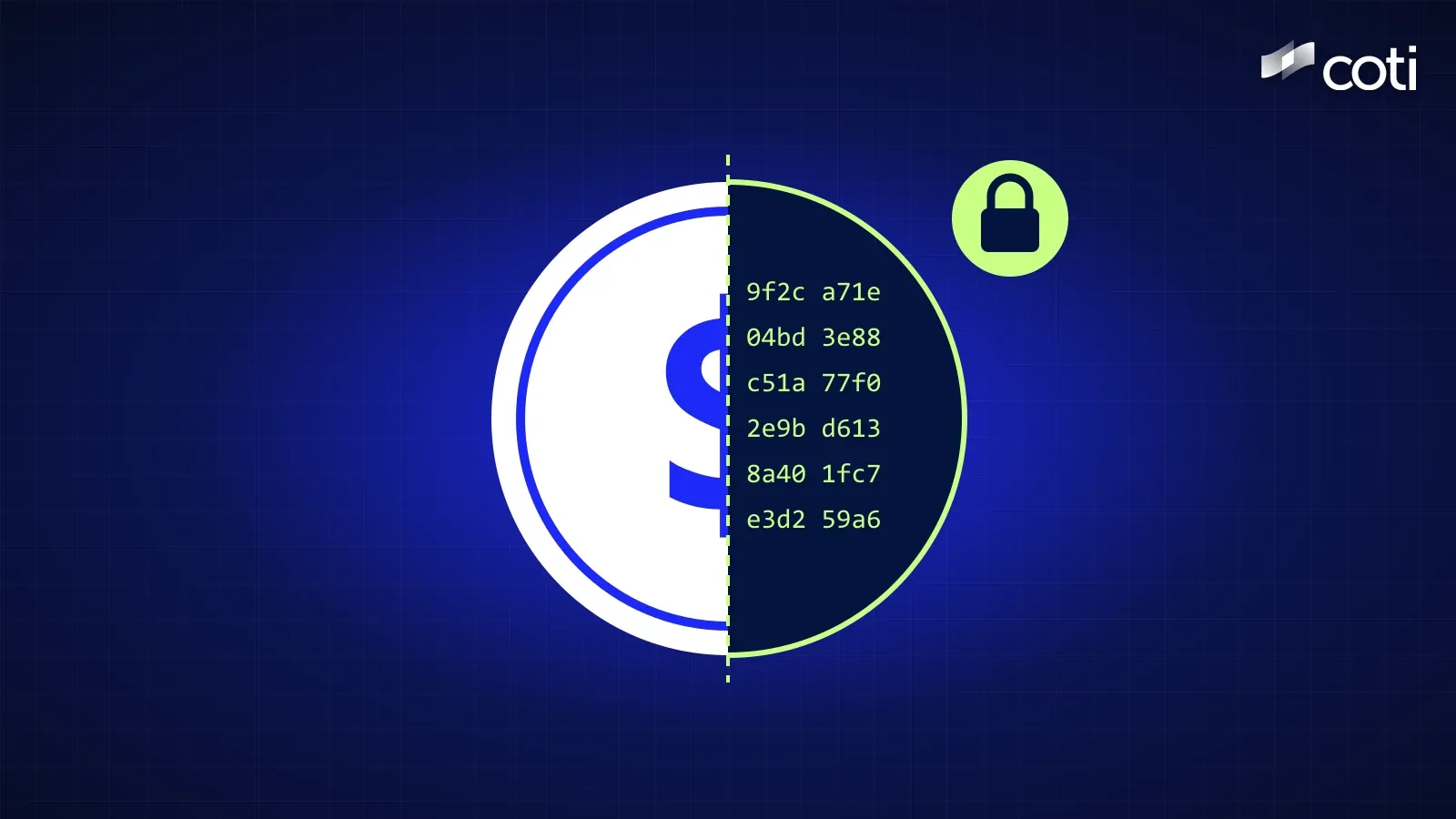 A coin split down the middle: the left half white with a blue dollar sign, the right half dark navy filled with lime hexadecimal characters, with a lime padlock badge and the COTI logo top ri