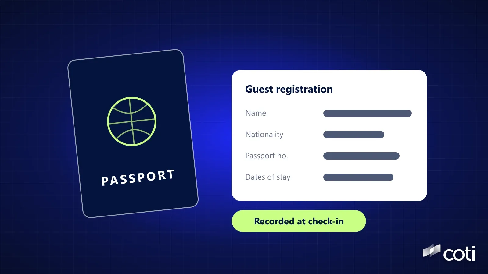 Illustration on a dark blue grid: a generic passport next to a hotel registration card titled Guest registration with lines for name, nationality, passport number and dates of stay, and a lim